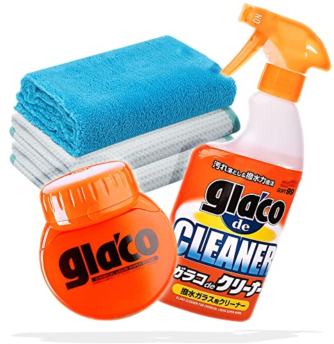 detailmate Auto Scheiben Reinigung & Versiegelung Bundle: Soft99 Glaco de Cleaner Glasreiniger 400ml + Soft99 Glaco Roll On Large 120ml + 2x detailmate Waffeltuch + Poliertuch