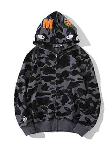 Yumenam Huvtröja för herr med hajhuvudtryck, dragkedja, huvjacka, långärmad kofta, Hip Hop-toppar, sweatshirt, kamouflage, huvjacka