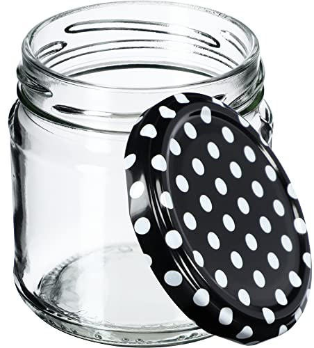 KADAX Tarros Pequeños de 200 ml, Botes de Cristal con Tapa Hermética de 66 mm para Miel, Conservas, Especias y Mermeladas (10 Unidades, Puntos Negros)