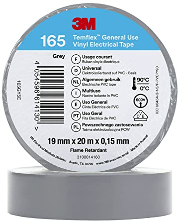3M Temflex 165 - Cinta aislante (vinilo, 0,152 mm x 19 mm x 20 m), color gris