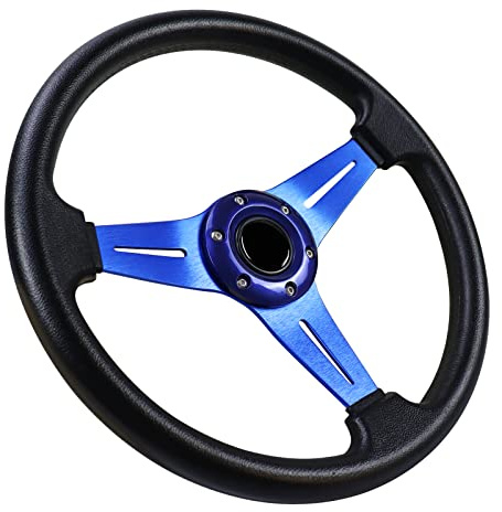 Acclcors Volant de voiture de course universel,13,6 6 poignée boulonnée en cuir vinyle avec bouton klaxon pour course/rallye/course/simulation (Bleu)