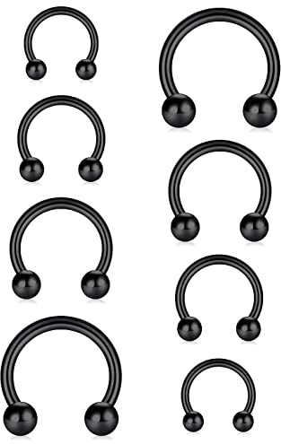 KOMUNJ 4 pares de piercings de herradura para nariz, anillo de septum, 16G, 6/8/10/12 mm, piercing para labio, tragus, hélice, oreja, joyería (negro), acero inoxidable