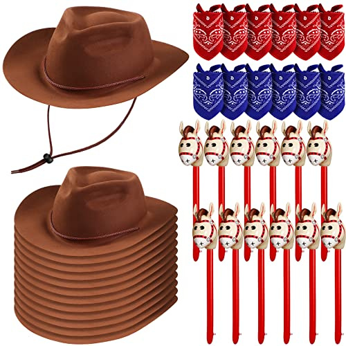 Xtinmee 36 Pcs Cowboy Party Costume Set, Cowboy Hats Paisley Bandanas Inflatable Stick Horses Kids Party Supplies(Classic Style,Brown)