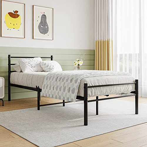 FOUBAM Modern Metallbett Bettgestelle mit Lattenrost, Doppelbett/Einzelbett, Bettrahmen mit Kopfteil, Bed Frame Gästebett Jugendbett für Schlafzimmer Gästezimmer 90x200 cm/Schwarz