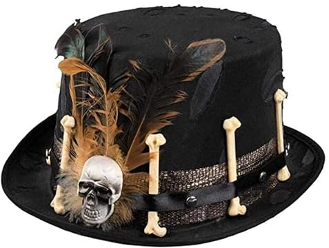 TrendandStylez Zylinder Voodoo, schwarz, Hut mit glitzerndem Hutband, Totenkopf, Knochen und Federn für Mottoparty, Fasching, Karneval