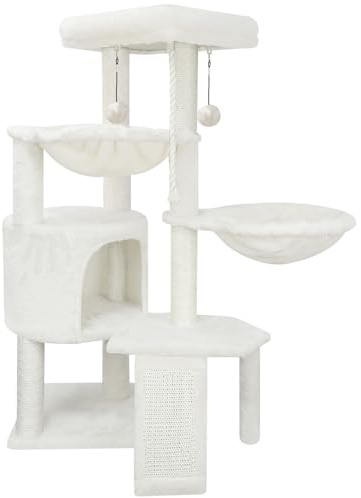 TWDEPART Katträd, kattorn med klösstolpar, aktivitetscenter, klätterträd, kattmöbel, med katthydda och två hängmattor, beige