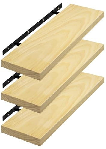 eSituro Set of 3 Wall Shelves, Solid Wood Floating Shelves, with Invisible Bracket, for Bedroom, Kitchen, Living Room, Natural Wood, 60 x 19 x 3.5 cm