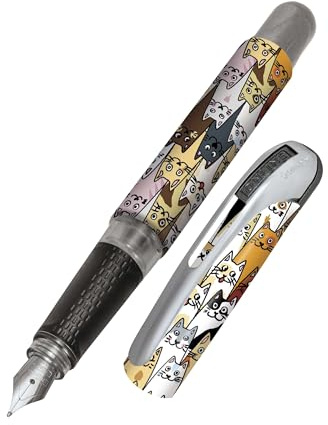 Online fountain pen College Fluffy Cats, ink fountain pen for right-handers, ergonomic grip, iridium nib medium, standard ink cartridges, incl. combi cartridge blue, for allergy sufferers