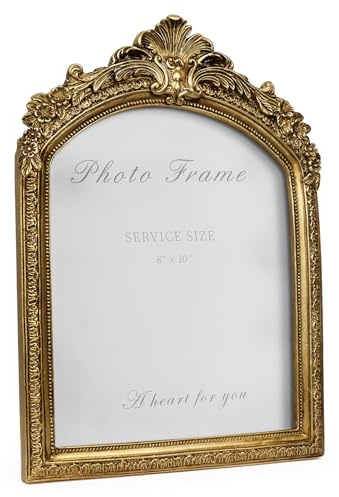 Cuspin 8x10 Picture Frame Vintage Gold Frames, Antique Gold Ornate Resin Photo Frame with Glass Front for Tabletop and Wall Mounting, 8 by 10 Arched Picture Frame for Home Decor