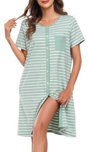 Lovasy Camicia da Notte in Cotone Donna Camicia da Notte Manica Corta a Righe Scollo a V Sexy Sottoveste Curvy con Bottoni Davanti Abito da Notte Estiva con Tasche A Verde Chiaro M