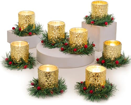 Romadedi Weihnachten Teelichthalter Glas für Christmas: 12er Set Teelichtgläser Gold mit Weihnachtskranz für Weihnachtsdeko Tischdeko Kerzenhalter Kerzenglas für Wohnzimmer Hochzeit Home Deco