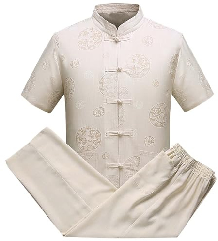 Giacca da uomo in tessuto modello estivo tradizionale cinese abbigliamento per uomo abiti in lino Tang Suit Top pantaloni set da uomo vestiti orientali suite di allenamento slim fit, Giallo, XL