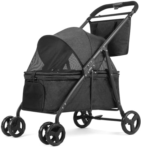 AESRAOU Dog Travel Stroller with 4 Heavy Duty Wheels, Foldable Pet Stroller with Adjustable Handle - Double Doggie Capacity Jogger Wagon with Back Front Door for Small Medium Dogs (Black)