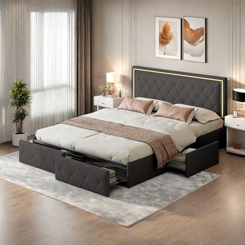 Letto Matrimoniale Imbottito con Luci a LED 160x200 cm, Struttura Letto Matrimoniale con 4 Cassetti, in Pelle PU, Letto con Contenitore, Supporto a Doghe in Legno, Non Necessita di Molle, Grigio