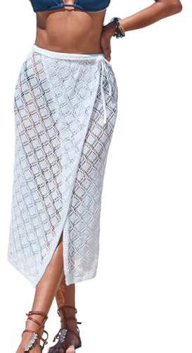 CUPSHE Dam Sarong virkad täcka upp stickad strandkjol självknytande badkläder midi wrap kjolar, Vitt, S