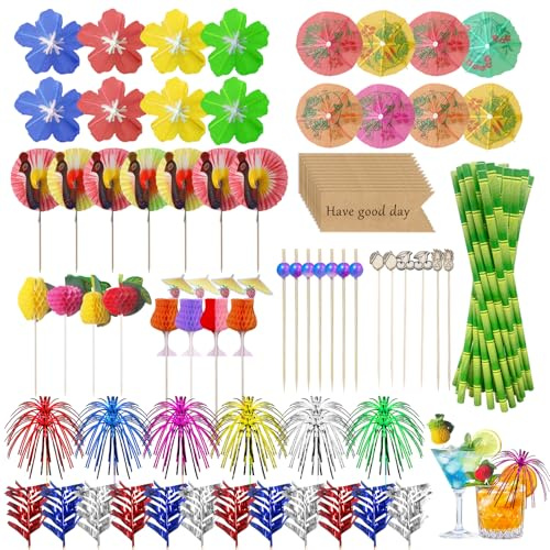 Nadisean 175 Pezzi Decorazioni per Cocktail, Due Tipi di Ombrellini Cocktail, Hawaiane Cannucce Cocktail, Fuochi D'artificio, Fenicottero, Ananas, Riutilizzabili Decorazioni per Feste, Cocktail Party
