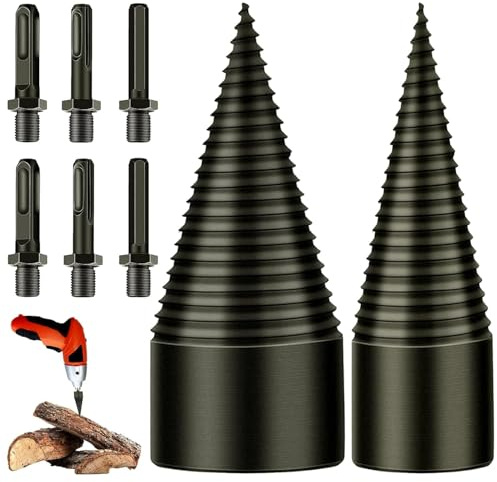 Holzspalter Schraube Kegel, 32mm+42mm Spaltholzkegel Holzspalterbohrer, Bohrkegel Holzspalter mit 6 Bohrgriffe, Spiralbohrer Kegelspalter für den Haushalt