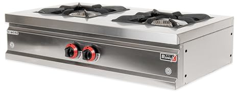 Romux® Cocina Industrial a Gas 2 Fuegos de 90x50 cm Sobremesa Horizontal de Acero Inox con Regulador de Fuego y Termopar | Hornillo de Gas Butano para Bares y Restaurantes