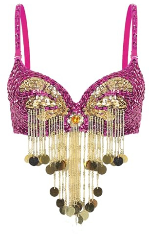 Linyuir Women Paillettes Top Danza del Ventre Reggiseno con Bretelle Spaghetto Top A Vita Alta con Perline Frange Crop Top Sexy Abiti da Ballo Abbigliamento per Club Feste Rosa Acceso Taglia Unica
