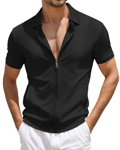 EODJXIO Maglia da Uomo con Cerniera a Maniche Corte in Tessuto Jacquard Leggero e Traspirante per Casual Elegante Magliette Bianche Personalizzate Camicie Eleganti Slim Fit