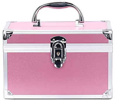 Scatola organizer per cosmetici con specchio, portatile, per trucchi, con serratura, professionale, per gioielli, pennelli e prodotti per la cura della pelle, da viaggio, rosa, Portatile professionale
