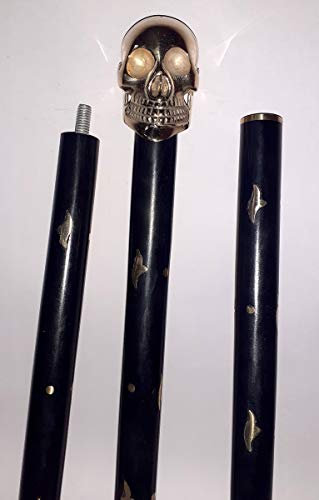 Bastone da passeggio in ottone massiccio vintage con testa di teschio in legno stile antico, bastone da passeggio pieghevole da 36 pollici con manico in ottone per uomini e donne
