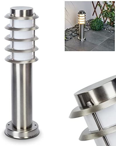 Außenwegeleuchte Tunes, moderne Sockelleuchte aus Metall/Kunststoff in Nickel-matt/Weiß, Wegeleuchte 45,5 cm, Gartenlampe m. E27, Gartenbeleuchtung IP44, ohne Leuchtmittel