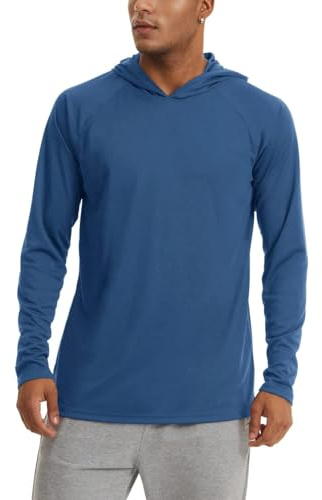 KEFITEVD Camiseta de manga larga para hombre con protección solar UPF 50+, con capucha y orificio para el pulgar, secado rápido, para pesca y senderismo, azul/gris, L