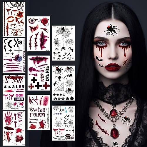 Halloween Tattoo, 10 Blatt Halloween Kostüm Damen Herren Accessoires, Teufel Zombie Vampir Hexe Gruselig Gesichtstattoo, Horror Kostüm Erwachsene Kinder Wunden Narben Kunstblut Gesicht Aufkleber