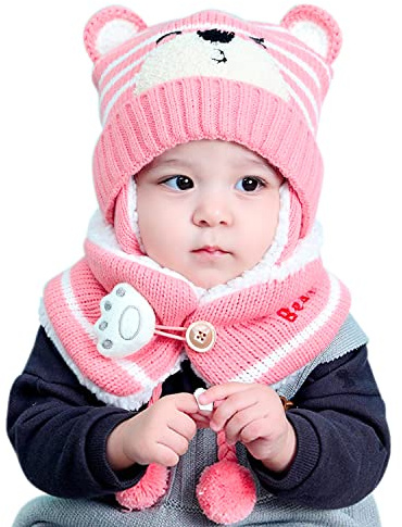 Baby Beanie Hat Scarf, Newborn Toddler Winter Warm Knit Cap, Fleece Lining Winter Warm HAT for Little Boys Girls (Pink （hat & Scarf)