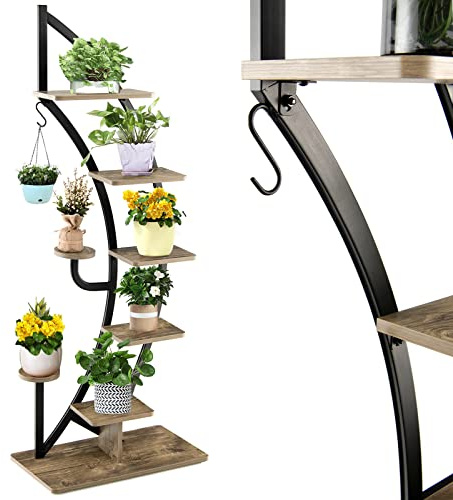RELAX4LIFE Porte-Plante en Forme de Lune, Étagère à Fleurs à 5 Niveaux en Métal, Grand Présentoir Plante, Crochet de Suspension, Décoratoin Intérieure pour Salon Balcon (Naturel, 1)