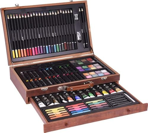 REPLOOD Valigetta in Legno Pittore Set da 112 Pezzi Assortiti Colori Acrilici Pastelli Matite Acquerelli Pennelli e Accessori Disegno Set Artistico Professionale per Artisti