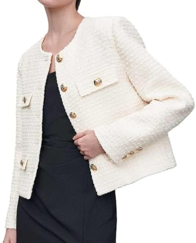 URBAN REVIVO Womens Cropped Tweed Blazer Jackets 2024 Fall Winter Casual Business Work Suits Long Sleeve Coat Outfits White, X-Small