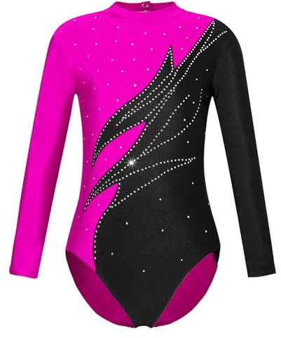 Freebily Mädchen Gymnastikanzug Langarm Glitzer Turntrikot Kontrastfarbe Tanzbody Ballett Leotard Kinder Ballettbekleidung Tanzkleidung Hotpink 122-128