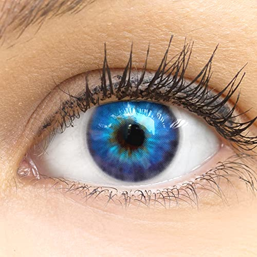 GLAMLENS Lenti a contatto colorate Cagliari Blue - azzurre mensili - con porta lenti a contatto -blu naturali in silicone idrogel - 2 pezzi - DIA 14.0 - senza correzione 0.00 diottrie lente a contatto