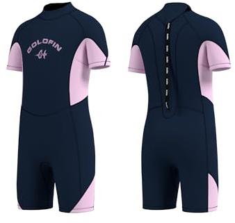 Goldfin Kids Wetsuit for Girls, 3mm Shorty Wetsuit for Kids Neoprene Back Zipper Wet Suits for Water Sports Surfing Swimming Snorkeling Diving Purple Size 8