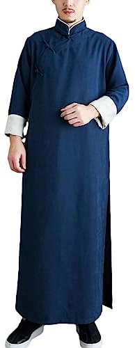 Ystylee Men Chinese Traditional Cheongsam Long Robes Coat Suit Kung Fu Tai Chi Cosplay Crosstalk Performance Clothing (as1, alpha, l, regular, regular, Navy)
