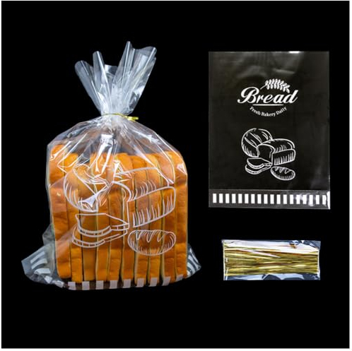 LESIBAG 100Pcs 11x 14 Bottom Gusset Bread Loaf Bags with Ties, Clear Printed Cello Cellophane Bags for Homemade Bread or Bakery