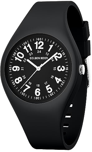 GOLDEN HOUR Waterproof Sports Analog Unisex Watches for Nurse Medical Professionals, Students - Military Time Easy to Read Dial, Jelly Silicone Strap in All Black