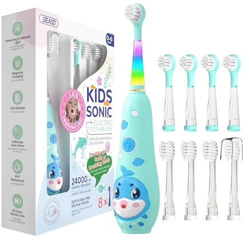 Seago recharge brosse a dent electrique enfant, brosse a dent bebe avec lumière LED 8 têtes, 60 jours d'utilisation, minuteur et étanche IPX7, pour 2 ans à 6 ans, SG2139 (Bleu)