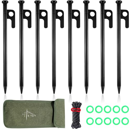 Zelt Heringe Stahl Erdnägel, 20cm Zeltheringe Sturmsicher Set, 8 Pack Heringe Erdnägel Stabil für Camping& Outdoor-Aktivitäten, Inklusive Leuchtender Sicherheitsring & Praktischer Aufbewahrungstasche