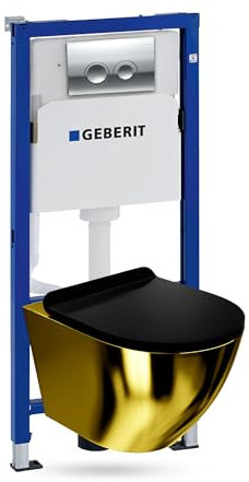 Duofix Basic Vorwandelement + Wand Tiefspül WC Sofi Slim Gold/Schwarz Spülrandlos + Bedienplatte Delta 25 | Verchromt Knopf | Komplettset | Unterputz Spülkasten | Toilette Komplett Sett