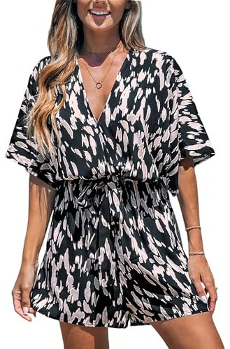 CUPSHE Women Jumpsuit V Neck Lace Up Romper Leopard Print Dolman Sleeves Short Wide Leg Casual Overall Playsuit Black Printed L