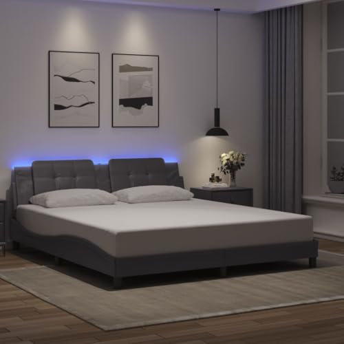 vidaXL Super King Bed Frame with LED Lights - 180x200 cm - Grey Faux Leather with Plywood Slats, USB Strip, Headboard