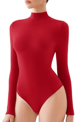 REORIA Women's Long Sleeve Bodysuits Mock Turtleneck Slim Tight Double Lined Basic Layering Body Suits Tops Fall Winter Outfits 2025(Red Large)