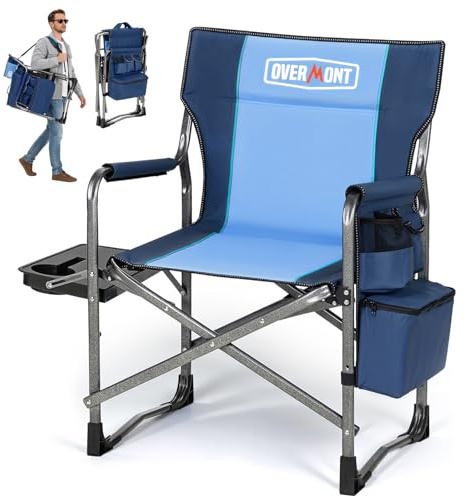 OVERMONT Silla de Camping Plegable - Silla de Director Plegable - Soporta hasta 180 kg - Silla Plegable con Mesa Lateral y Bolsa Isotérmica para Camping Pesca Festival Azul