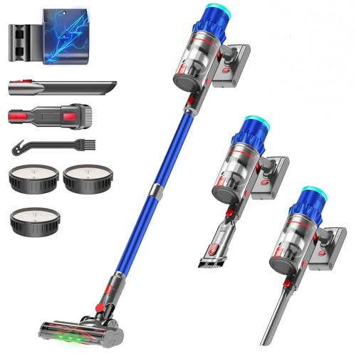 PINICO Akku Staubsauger, 550W 48000Pa Staubsauger Kabellos, Akkusauger mit Automatikmodus & Anti-Verhedderung-Bürste, Stabstaubsauger für Teppich, Hartboden und Tierhaare