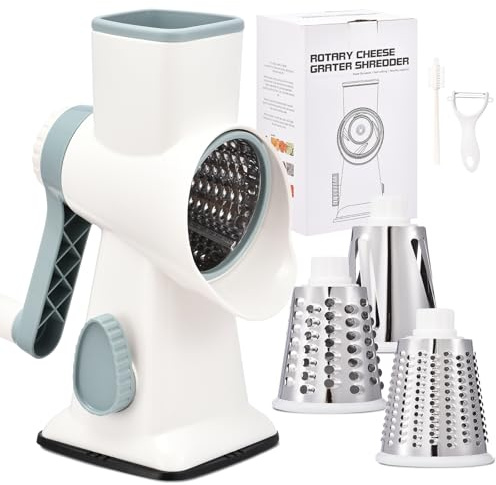 Rotary Cheese Grater with Handle Kitchen Shredder Slicer Grater Slicer Ice Shaver Cheese Vegetable Nuts Potato Zucchini Chocolate 3 Interchangeable Blades (WhiteBlue)