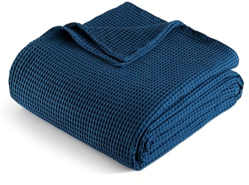 Exclusivo Mezcla Manta de 100% Algodón Gofrado, Ligera, Suave y Cómoda para Cama, Sofá y Oficina, Todas Las Estaciones, 130 x 170 cm, Azul Marino