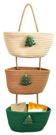 Natalizi Cestini Portaoggetti da Appendere Sopra la Porta, 3 Ripiani Cestino in Corda di Cotone Intrecciata, Organizzatore per Armadio Albero di Natale Forma, per Soggiorno, Bagno, Camera da Letto